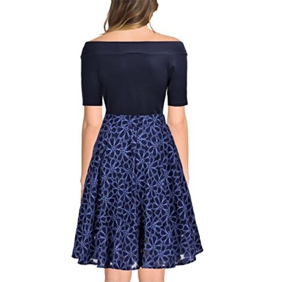Miusol Navy Floral Off Shoulder Flare A Line Midi Dress Sz M - Picture 1 of 9